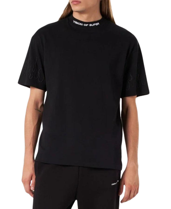 BLACK T-SHIRT WITH BLACK FLAMES