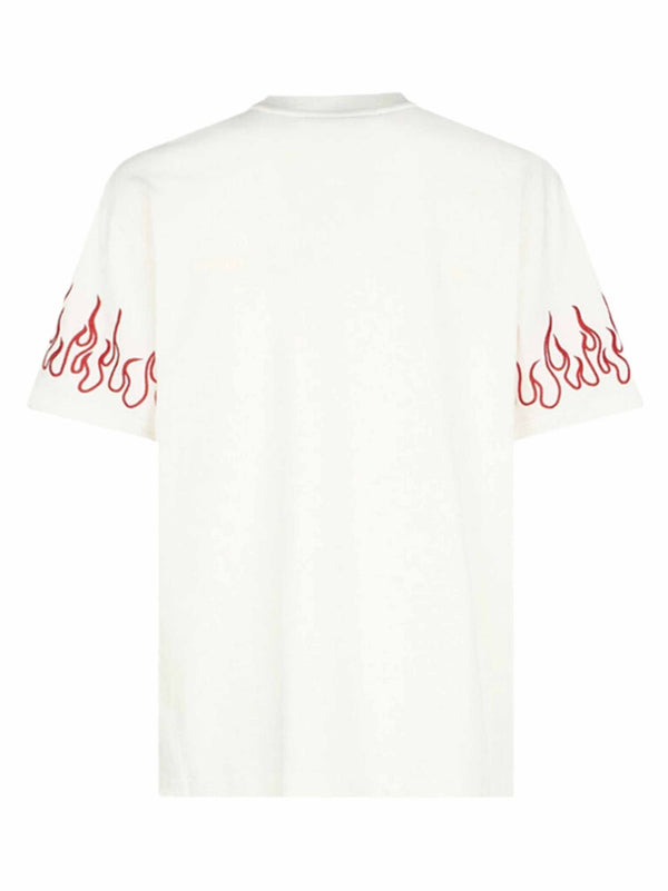 WHITE TSHIRT WITH RED EMBROIDERED FLAMES