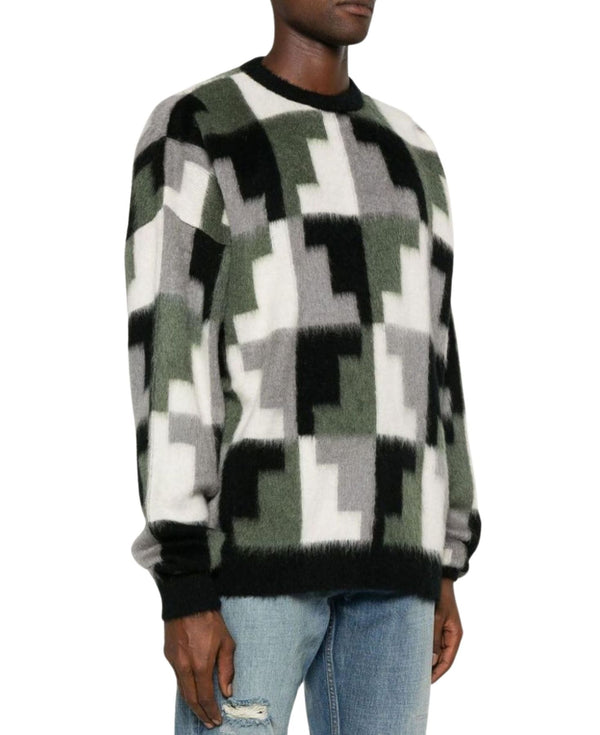 AOP DAMIER CROSS KNIT CREW SWEATER