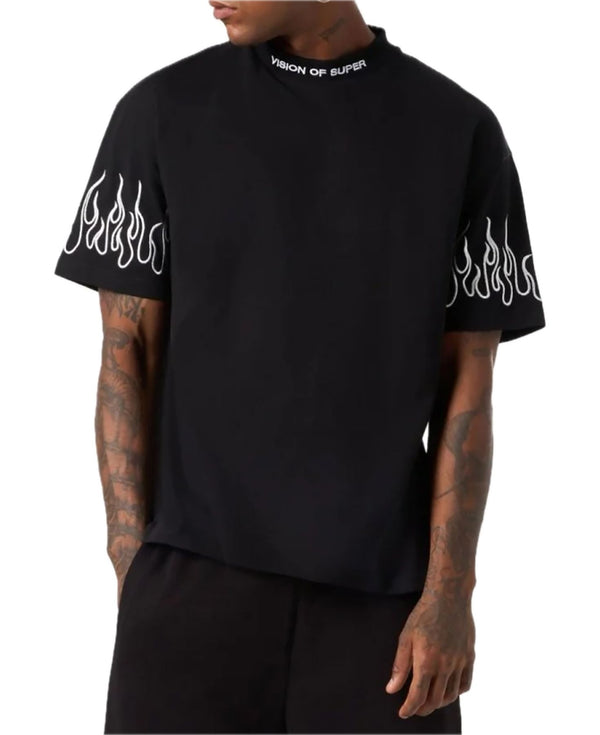 BLACK T-SHIRT WITH WHITE EMBROIDERED FLAMES