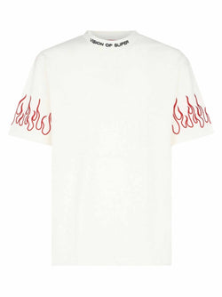 WHITE TSHIRT WITH RED EMBROIDERED FLAMES