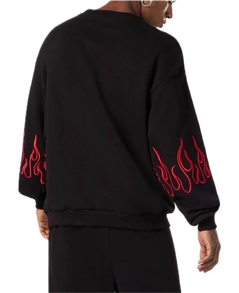 BLACK CREWNECK WITH RED EMBROIDERED FLAMES