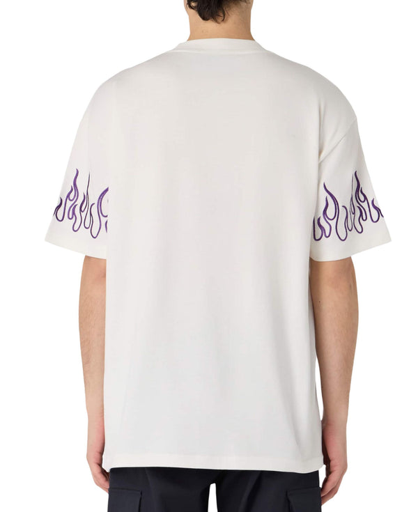 OFF WHITE T-SHIRT WITH EMBROIDERED PURPLE FLAMES