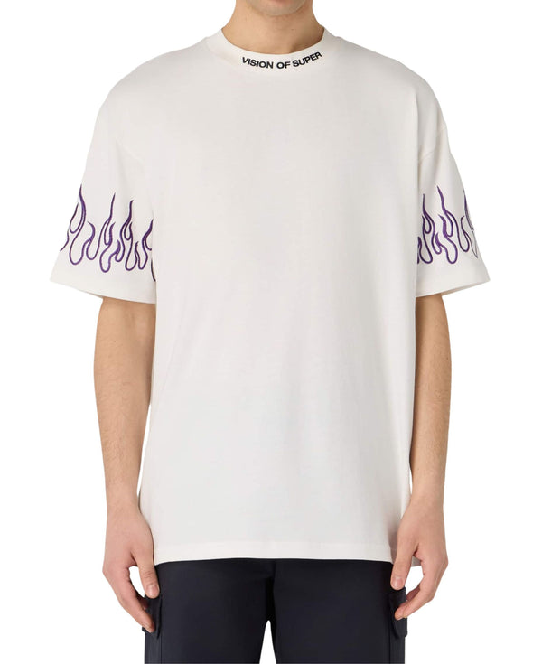 OFF WHITE T-SHIRT WITH EMBROIDERED PURPLE FLAMES