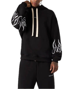 BLACK HOODIE WITH WHITE EMBROIDERED FLAMES