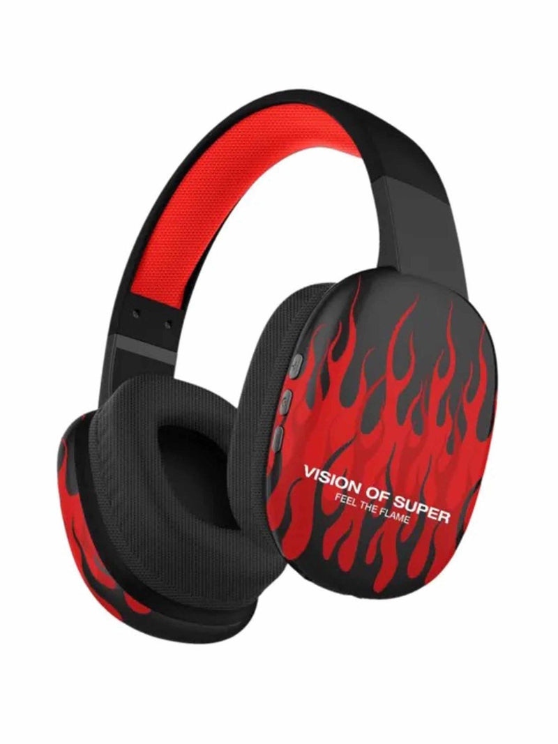 BLACK HEADPHONES WITH RED FLAMES AND WHITE LOGO