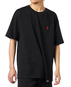 BLACK T-SHIRT WITH FLAMES LOGO AND METAL LABEL