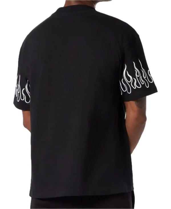 BLACK T-SHIRT WITH WHITE EMBROIDERED FLAMES