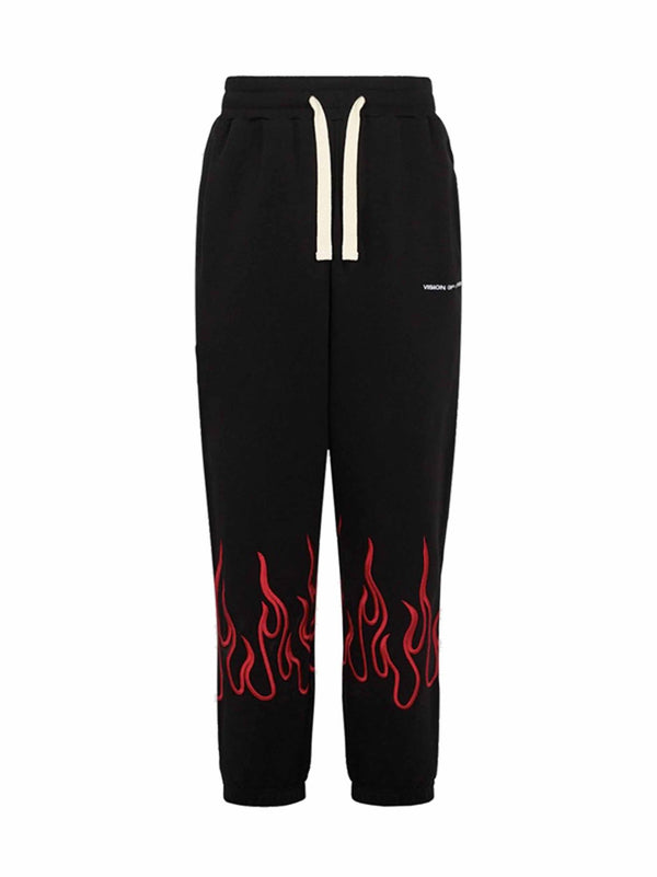 BLACK PANTS WITH RED EMBROIDERED FLAMES