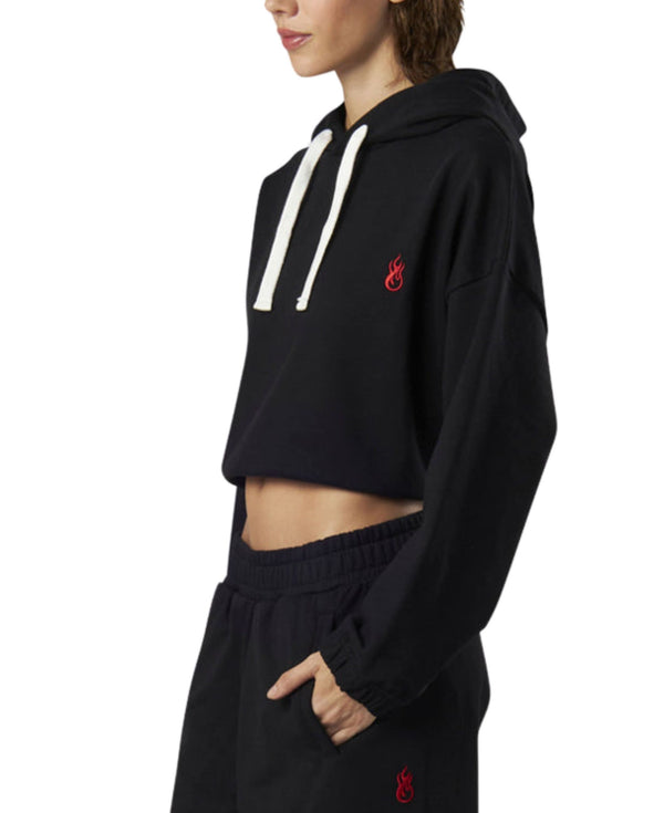 BLACK CROP HOODIE WITH EMBROIDERED FLAME