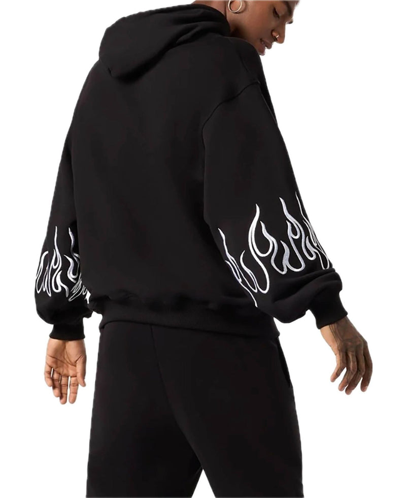 BLACK HOODIE WITH WHITE EMBROIDERED FLAMES