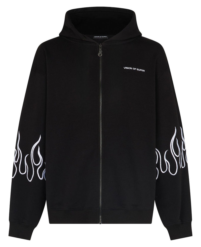 BLACK HOODIE ZIP WITH WHITE EMBROIDERED FLAMES