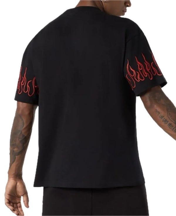 BLACK T-SHIRT WITH RED EMBROIDERED FLAMES