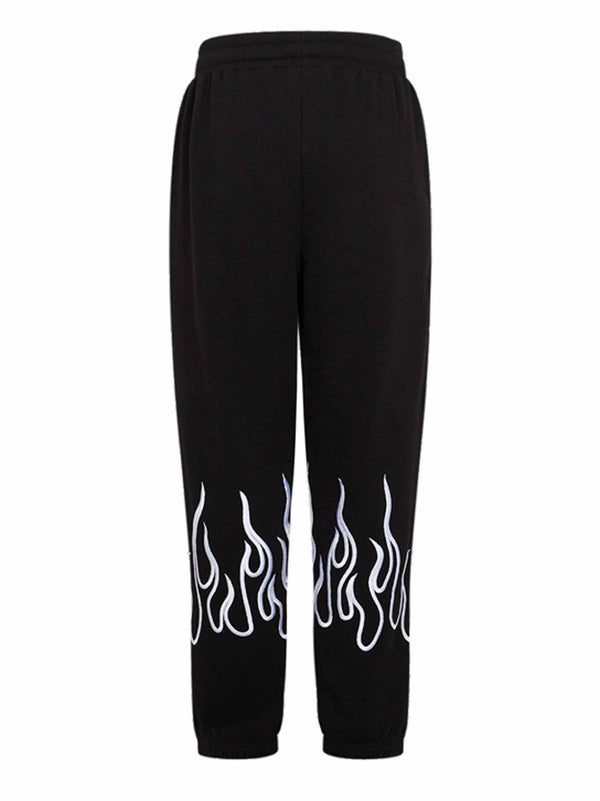 BLACK PANTS WITH WHITE EMBROIDERED FLAMES