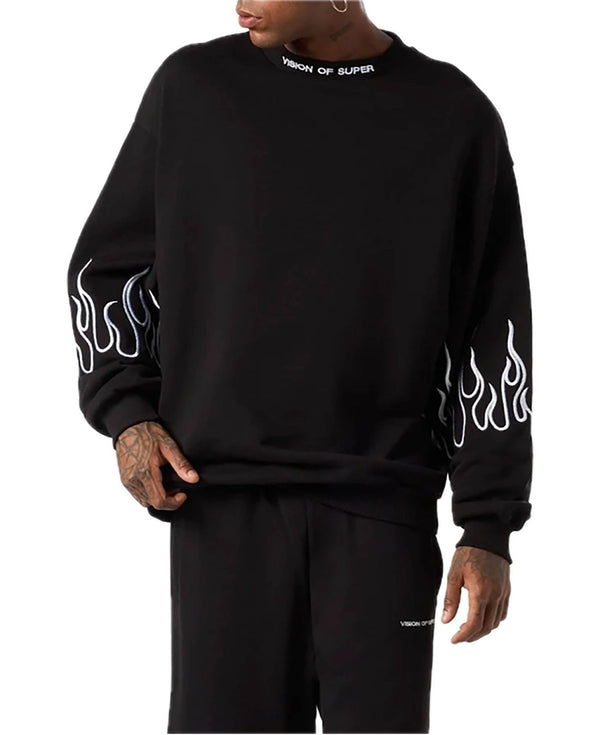 BLACK CREWNECK WITH WHITE EMBROIDERED FLAMES