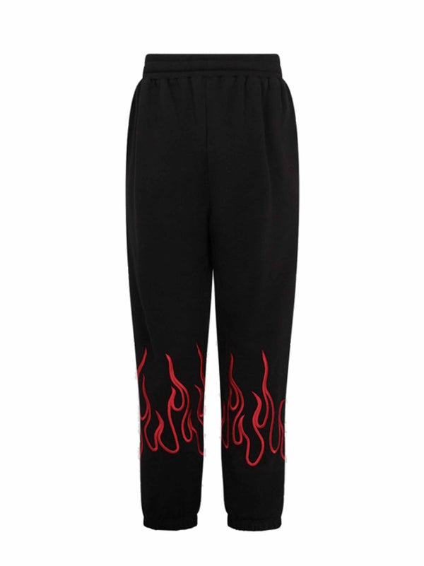 BLACK PANTS WITH RED EMBROIDERED FLAMES