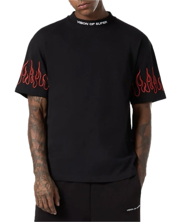 BLACK T-SHIRT WITH RED EMBROIDERED FLAMES