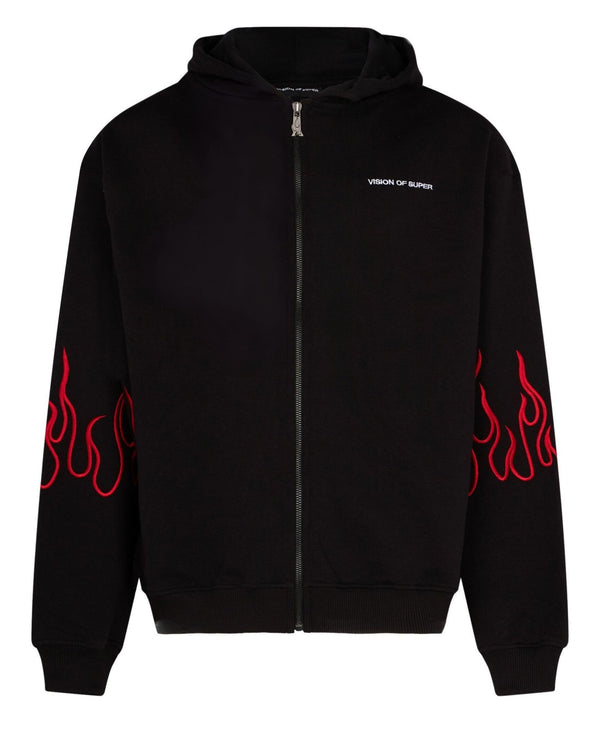 BLACK HOODIE ZIP WITH RED EMBROIDERED FLAMES