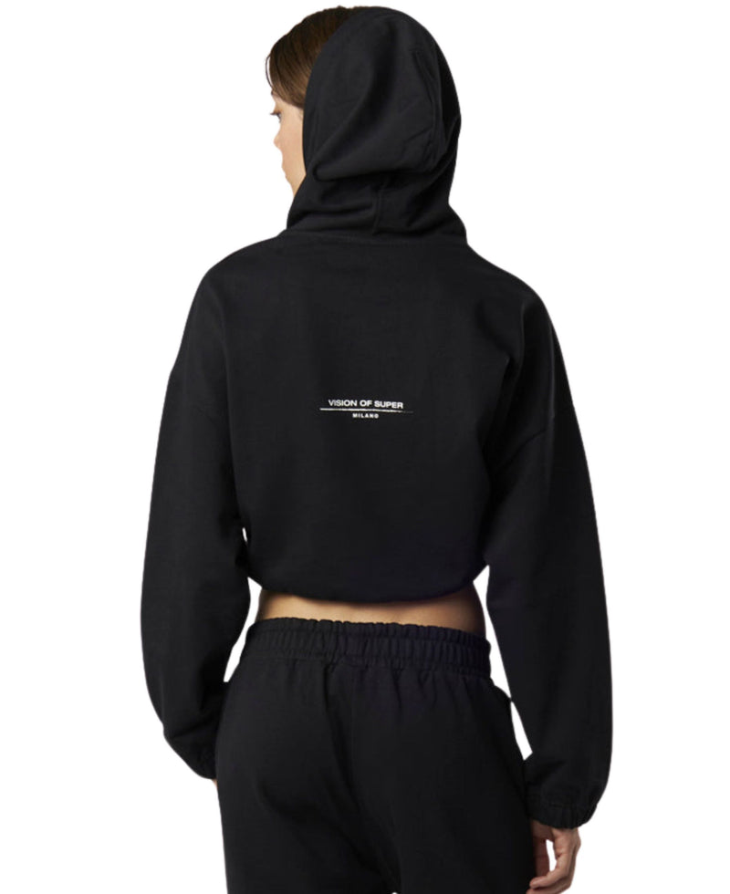 BLACK CROP HOODIE WITH EMBROIDERED FLAME