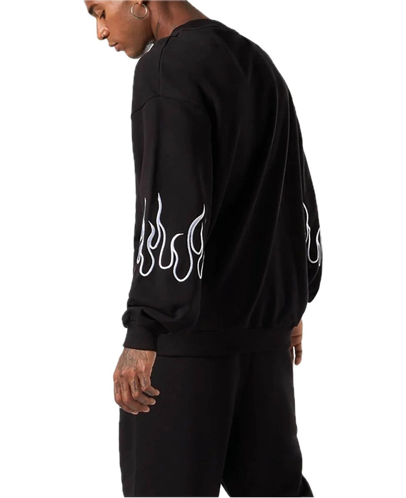 BLACK CREWNECK WITH WHITE EMBROIDERED FLAMES