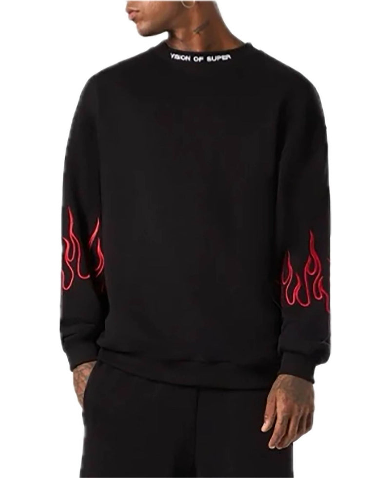 BLACK CREWNECK WITH RED EMBROIDERED FLAMES