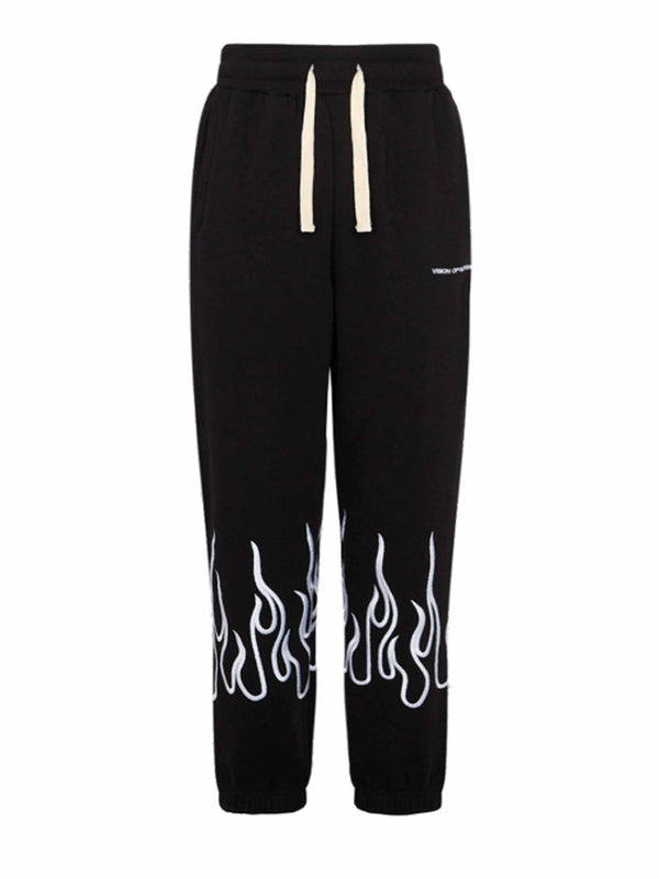 BLACK PANTS WITH WHITE EMBROIDERED FLAMES