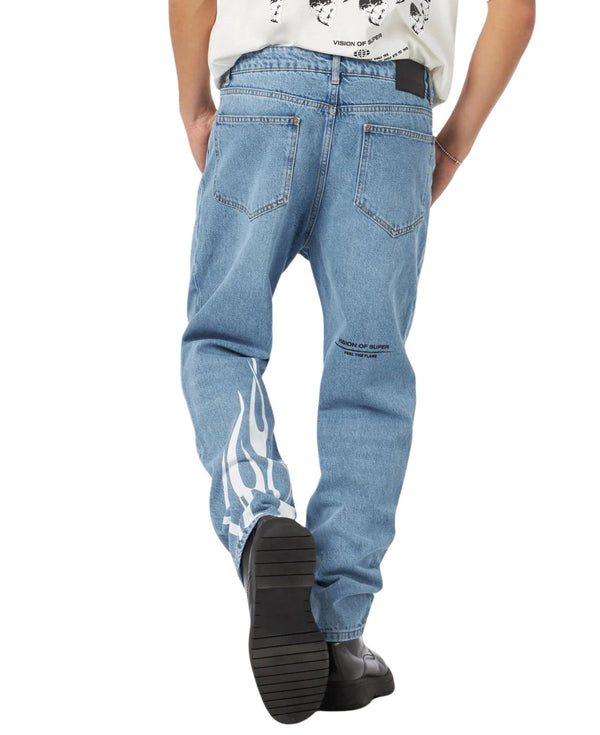 BLUE DENIM JEANS WITH PRINTED FLAMES AND LOGO